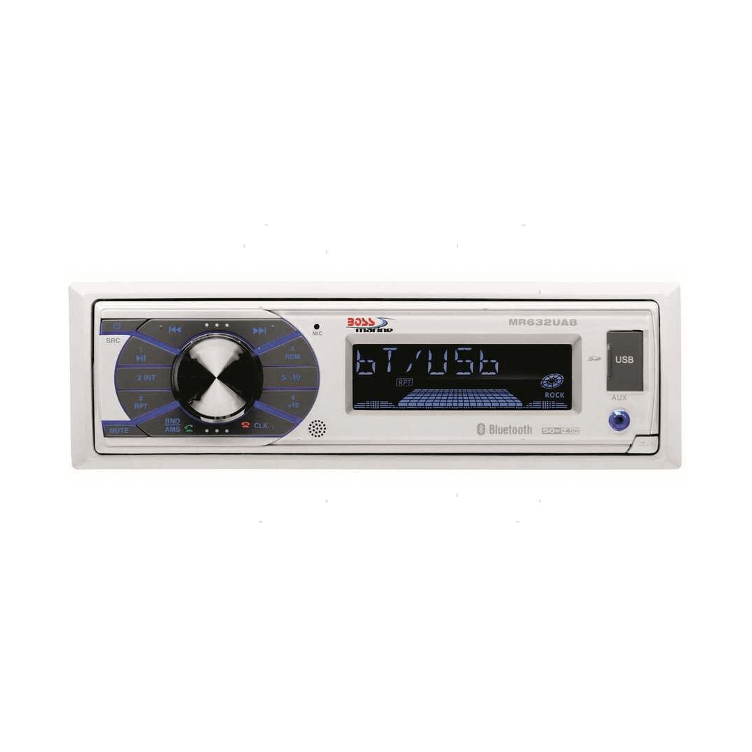 Autoradio marina Boss MR632UAB con frontalino estraibile, ingressi USB/SD e Bluetooth integrato.