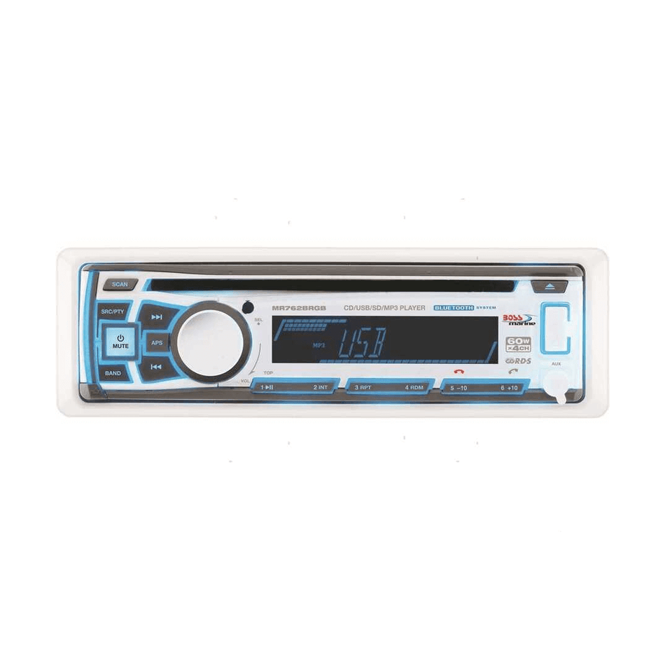 Autoradio marina Boss MR762BRGB con lettore CD, Bluetooth e illuminazione tasti multicolore a 7 varianti.