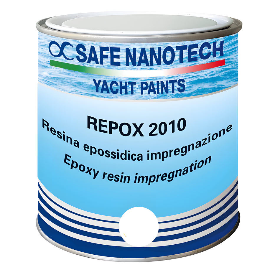 Resina epossidica bicomponente nanotecnologica Safe RePox 2010 nel formato kit da 1 kg, colore trasparente ambra, per nautica, impregnazione e incollaggio strutturale.
