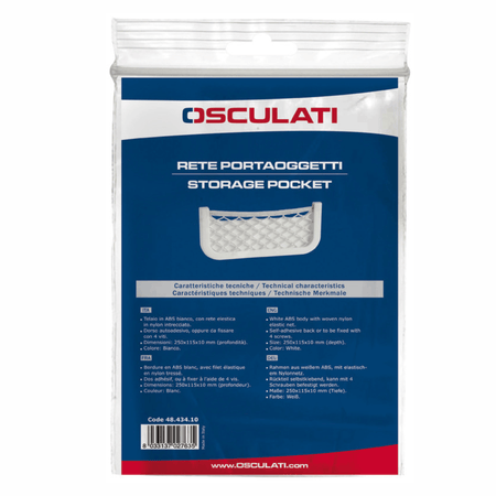 Rete portaoggetti elastica in nylon con cornice in ABS bianco per organizzazione spazi in barca. blister
