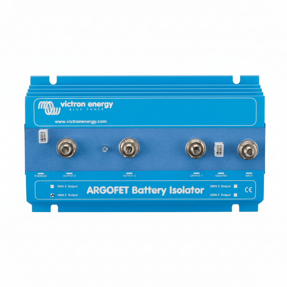 Ripartitore di carica Argofet VICTRON Energy con tecnologia FET, disponibile per 2 o 3 batterie, caduta di tensione minima.