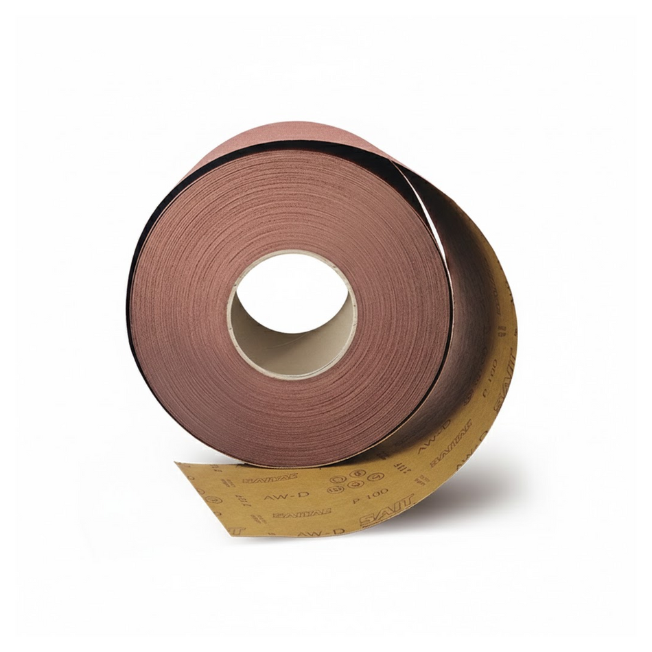 Rotolo industriale di carta abrasiva al corindone con supporto al lattice per levigatura manuale.