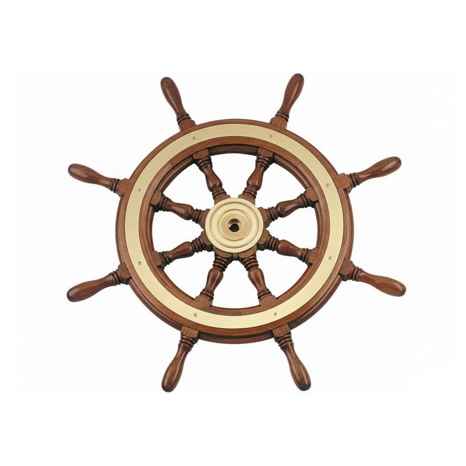 Ruota timone nautica in legno di mogano con anello di rinforzo e mozzo in ottone lucido.