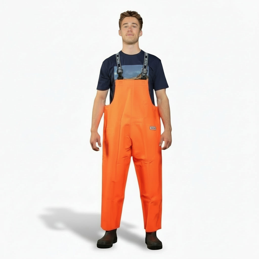 Salopette da lavoro Mariner Premium in PVC 300 g/m², impermeabile 13.000 mm. Con bretelle elastiche Fix-Lock e resistenza all'olio.