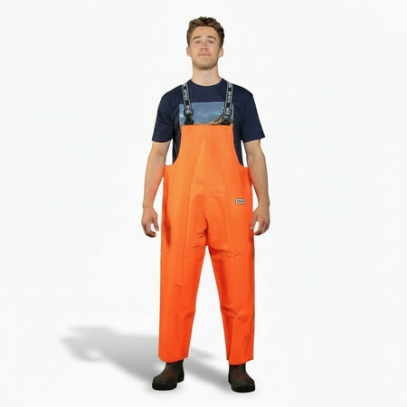 Salopette da lavoro Mariner Premium in PVC 300 g/m², impermeabile 13.000 mm. Con bretelle elastiche Fix-Lock e resistenza all'olio.