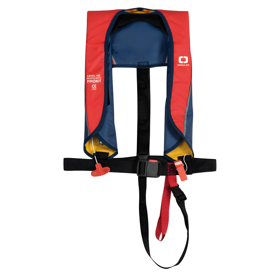 Salvagente nautico autogonfiabile per bambini (Junior 1MAJ 150 N) in colore rosso e blu, con attivazione automatica e nastro cosciale.