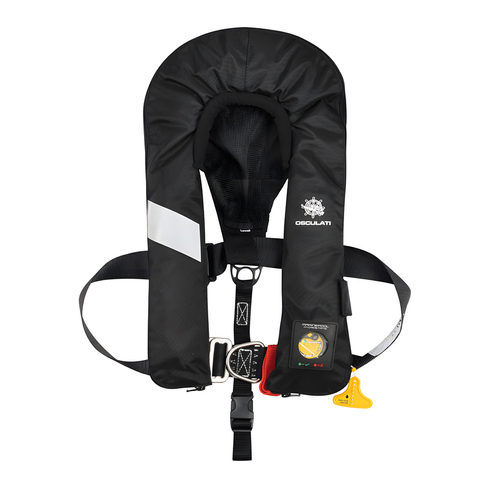 Salvagente nautico autogonfiabile Premium da 300 N di colore nero, dotato di sistema idrostatico Hammar e cintura di sicurezza omologata ISO 12401.