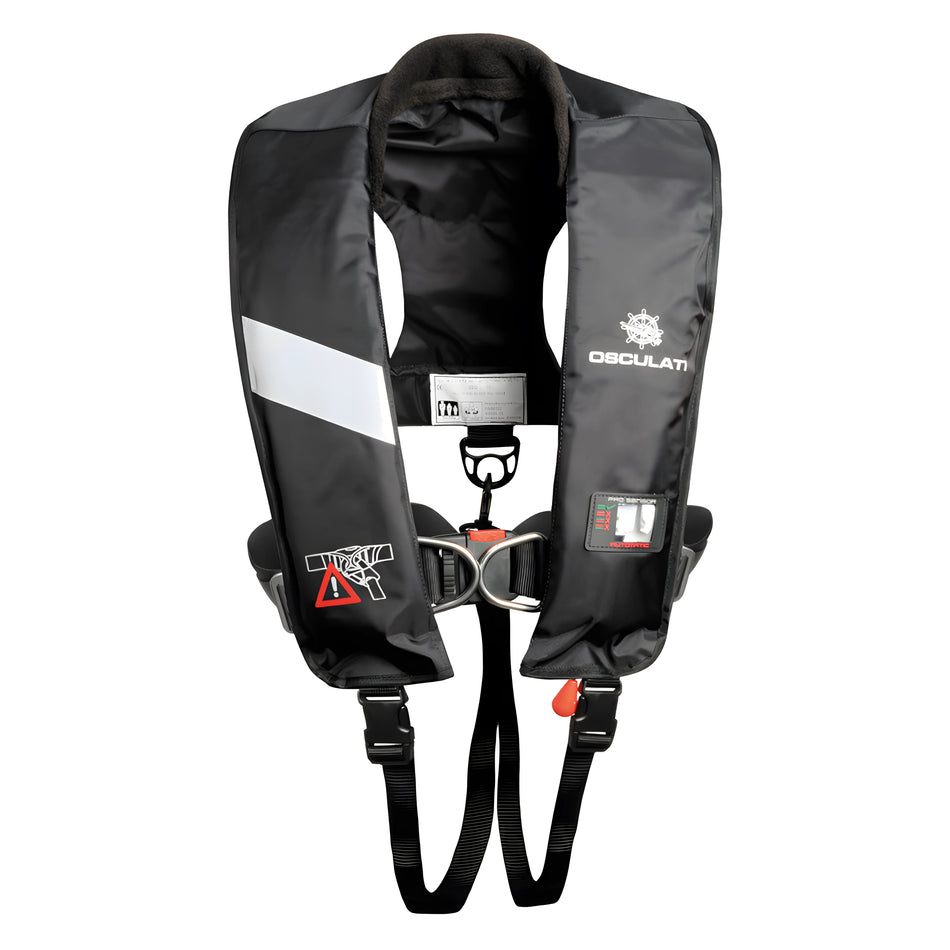 Salvagente nautico autogonfiabile professionale da 180 N in colore nero, omologato EN ISO 12402-3, con imbracatura ISO 12401 e finestra d'ispezione.