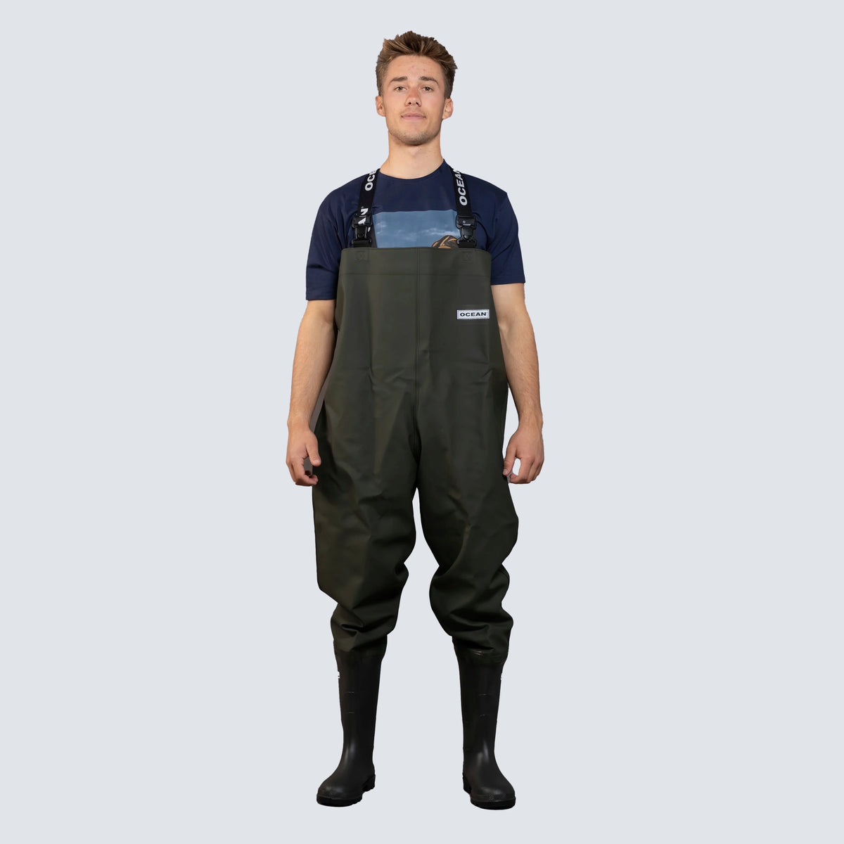 Scafandro OCEAN Original Waders verde in PVC con stivali integrati, vista frontale