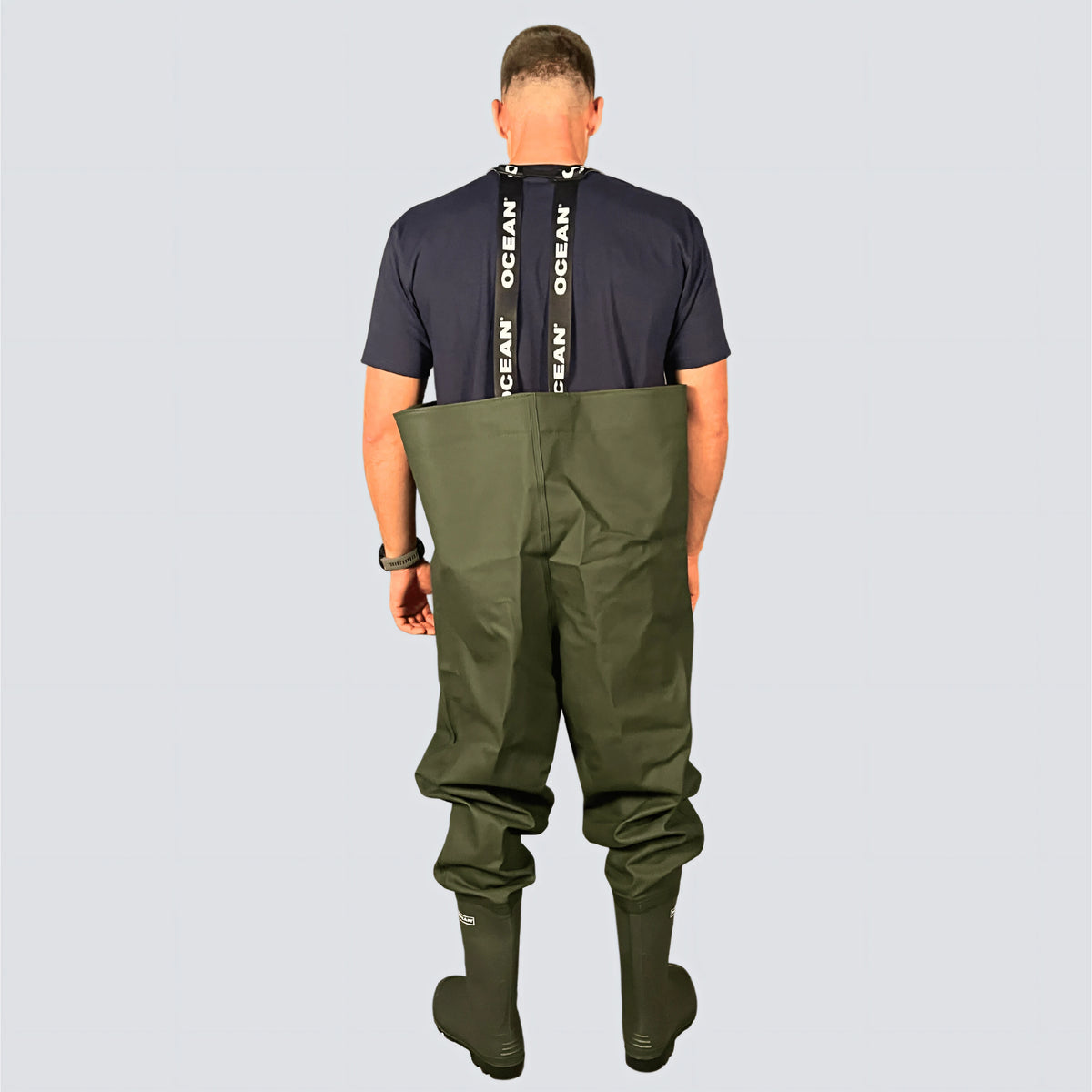 Scafandro OCEAN Original Waders verde in PVC con stivali integrati, vista posteriore