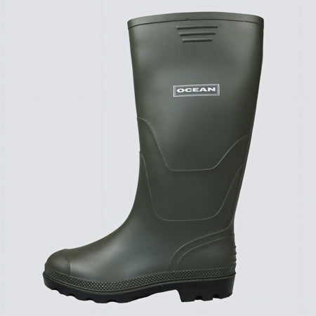 Scafandro OCEAN Original Waders verde in PVC con stivali integrati, dettaglio dello stivale integrato