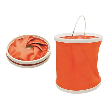 Secchio pop-up pieghevole per uso nautico in poliestere impermeabile arancio, manico in acciaio inox, capacità 11 litri.