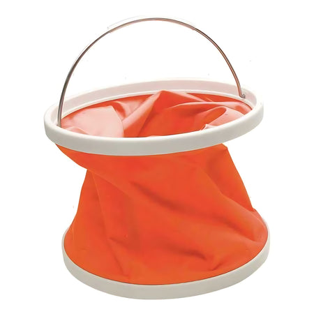 Secchio pop-up pieghevole per uso nautico in poliestere impermeabile arancio, manico in acciaio inox, capacità 11 litri.