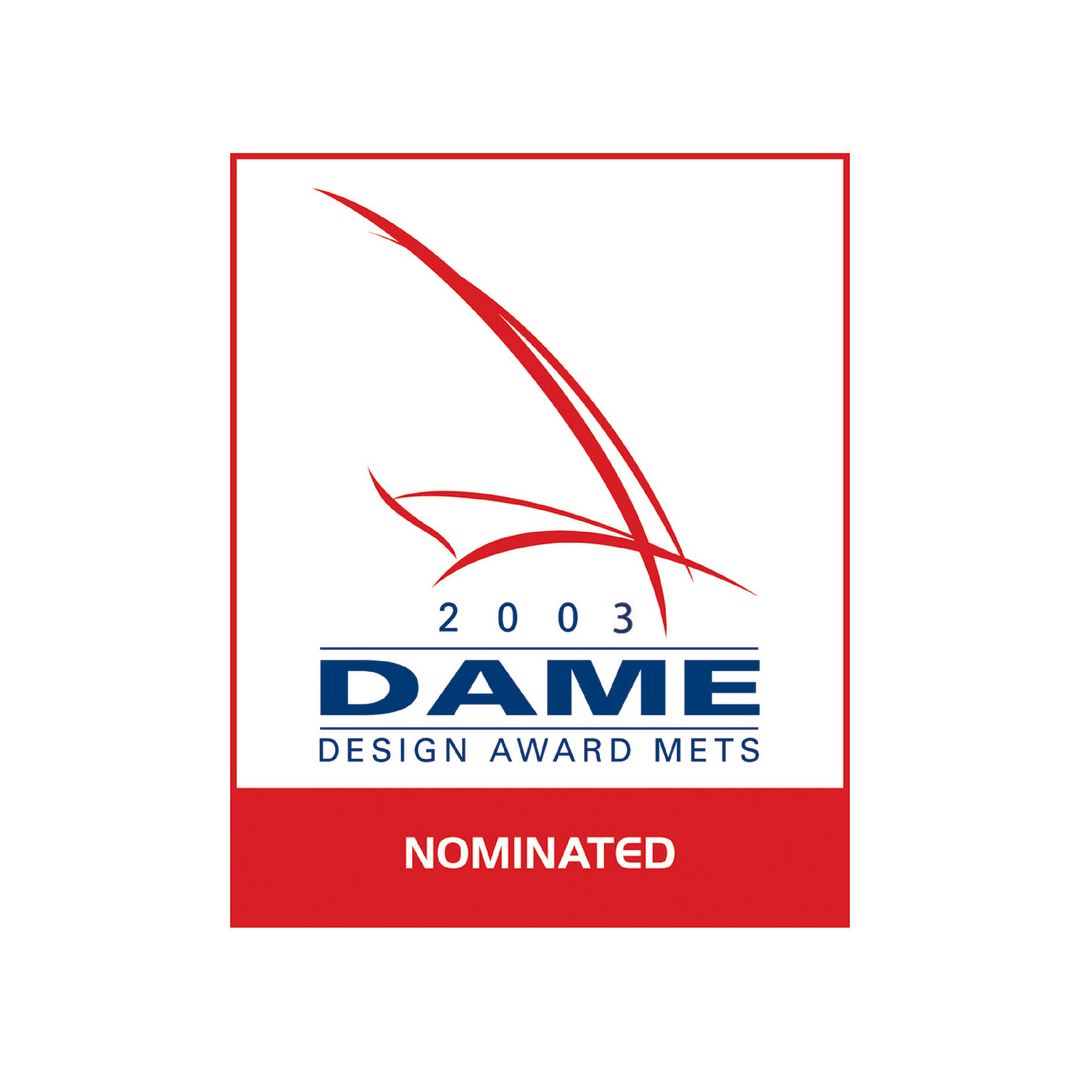 Logo premio DAME Design Award METS 2003 - Nominato, con grafica rossa stilizzata su sfondo bianco | Onautica
