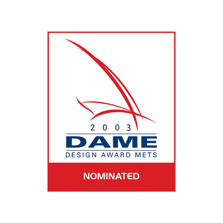 Logo premio DAME Design Award METS 2003 - Nominato, con grafica rossa stilizzata su sfondo bianco | Onautica