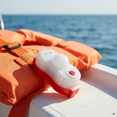 Segnalatore LED automatico agganciato al nastro di un giubbotto di salvataggio arancione in barca, con il mare sullo sfondo | Onautica