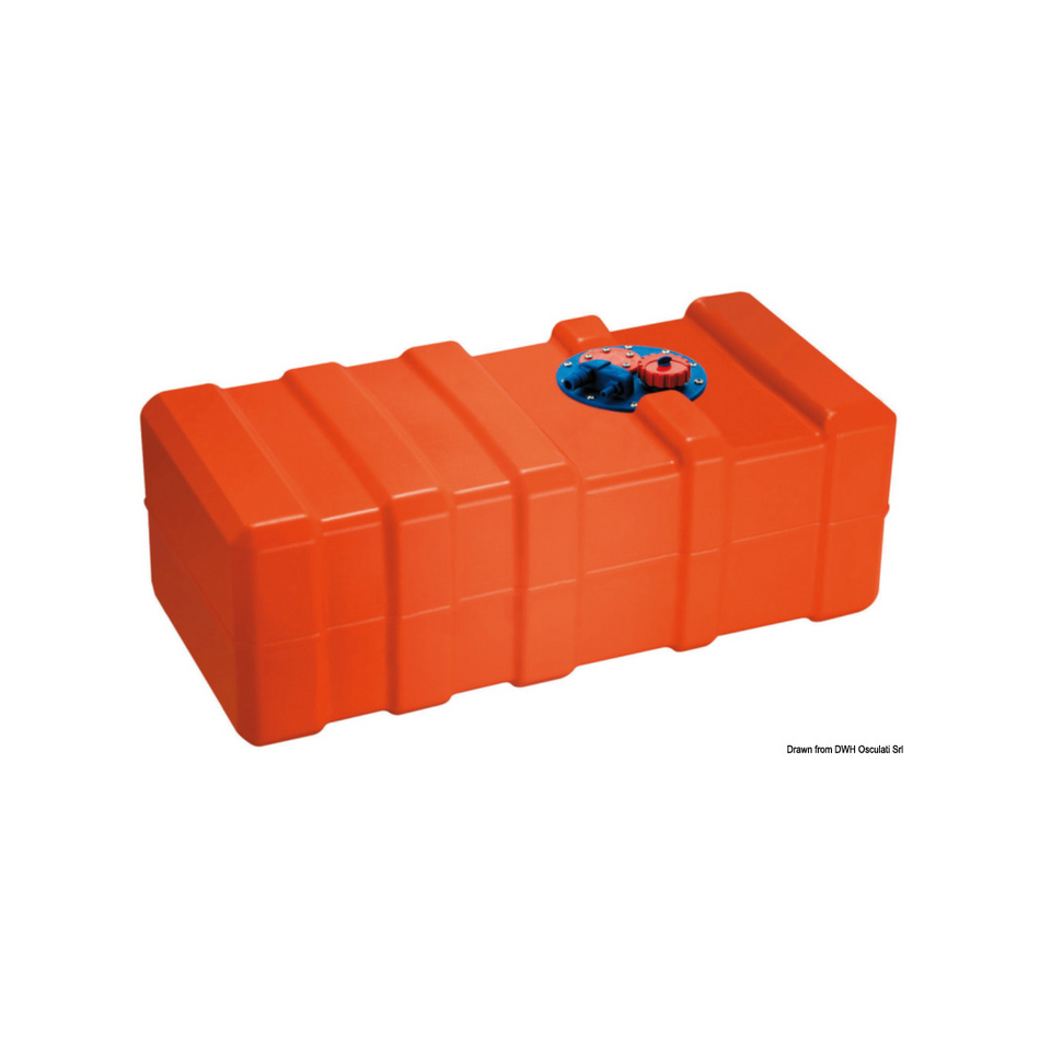 Serbatoio fisso per carburante in Eltex arancione, omologato CE, completo di gruppo flangiato per connessioni. 21-22-23
