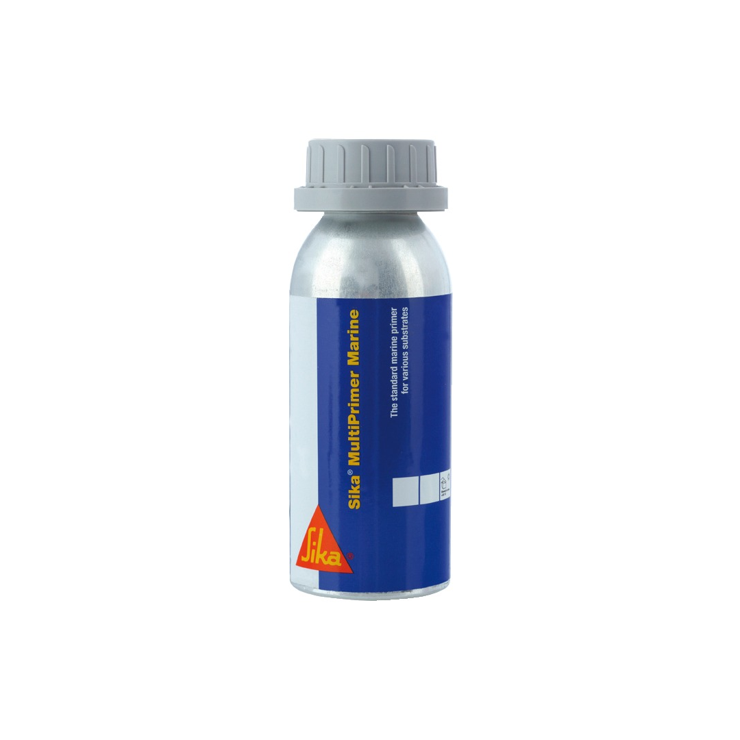 Flacone di Sika MultiPrimer Marine da 250 ml, promotore di adesione universale per superfici nautiche.