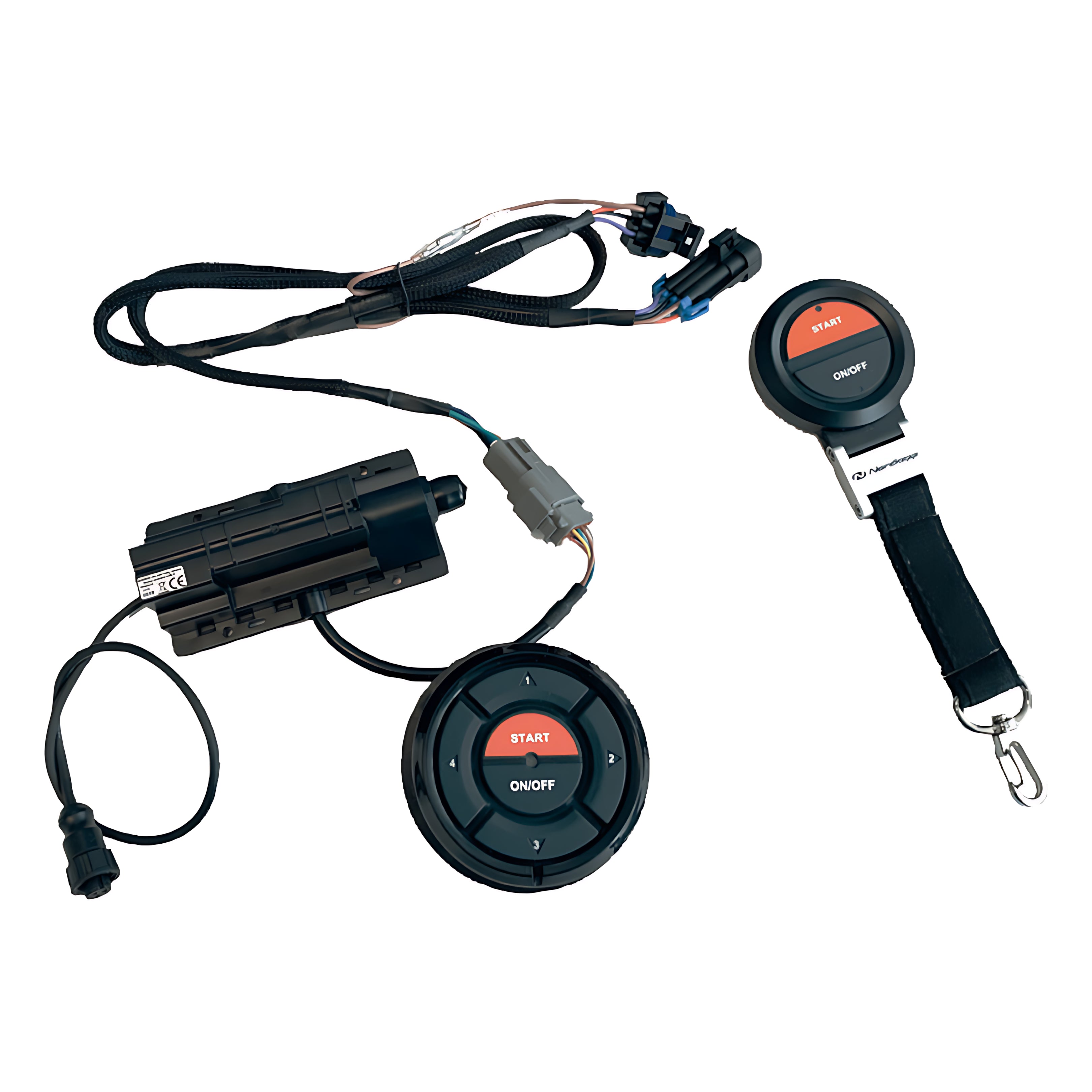 Sistema CoastKey per avviamento motori senza chiavi e sicurezza MOB wireless. Include pannello PIN, centralina e telecomando FOB per barche.