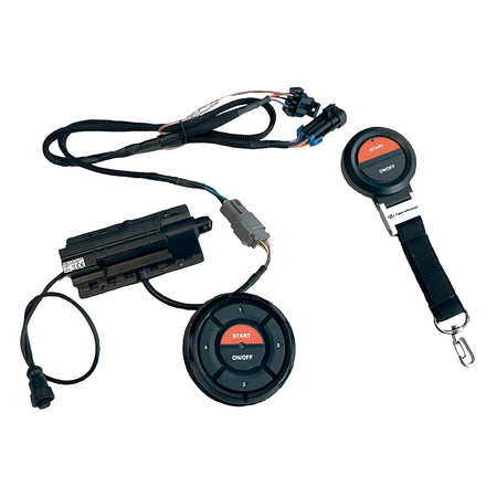 Sistema CoastKey per avviamento motori senza chiavi e sicurezza MOB wireless. Include pannello PIN, centralina e telecomando FOB per barche.