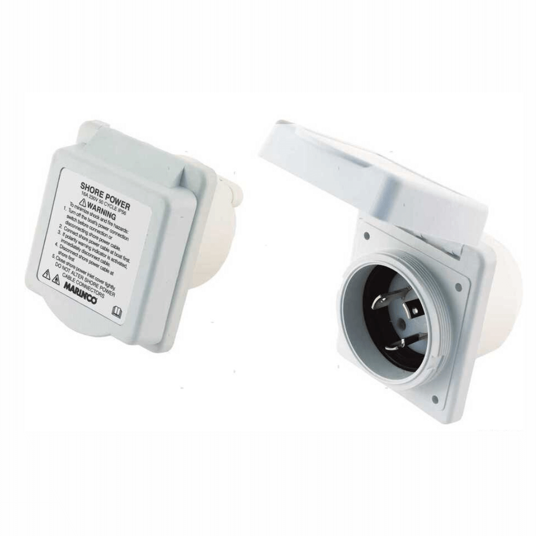 Sistema di connessione banchina 32A 230V per barca, include prese da incasso inox e spine volanti in Valox IP56/IP67. presa
