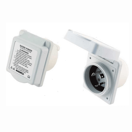Sistema di connessione banchina 32A 230V per barca, include prese da incasso inox e spine volanti in Valox IP56/IP67. presa