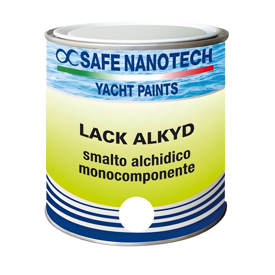 Smalto sintetico alchidico nautico Lack Alkyd di Safe Nanotechnologies, colore bianco brillante, specifico per verniciatura imbarcazioni.