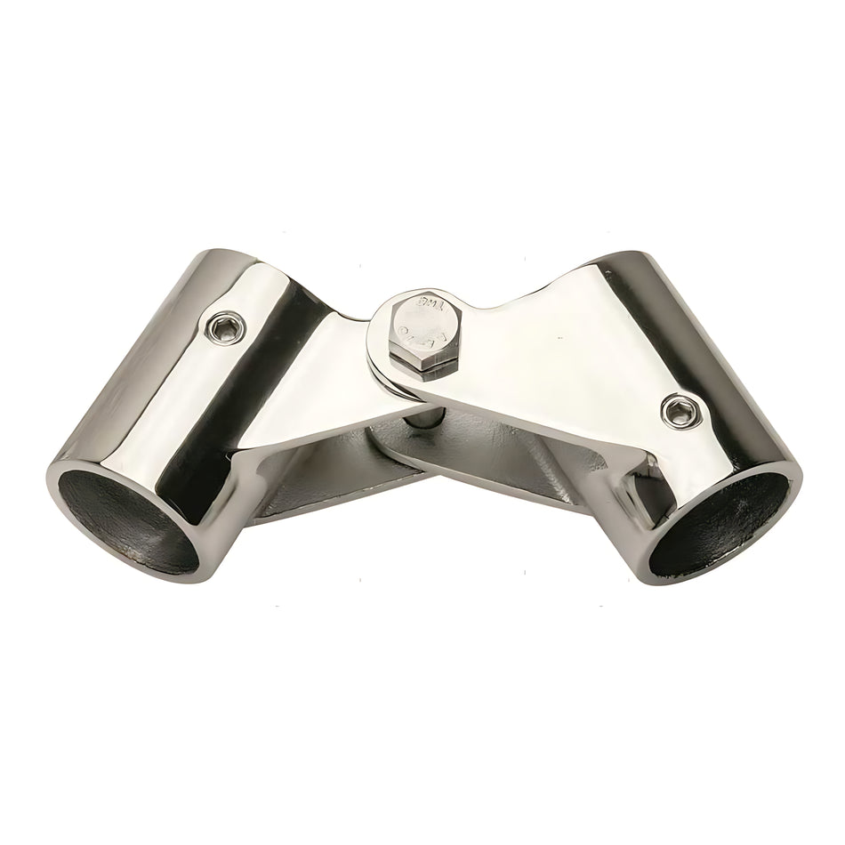 Snodo professionale in acciaio inox AISI 316 per tubi di capottine e tendalini nautici, disponibile per diametri 22mm, 25mm e 30mm.