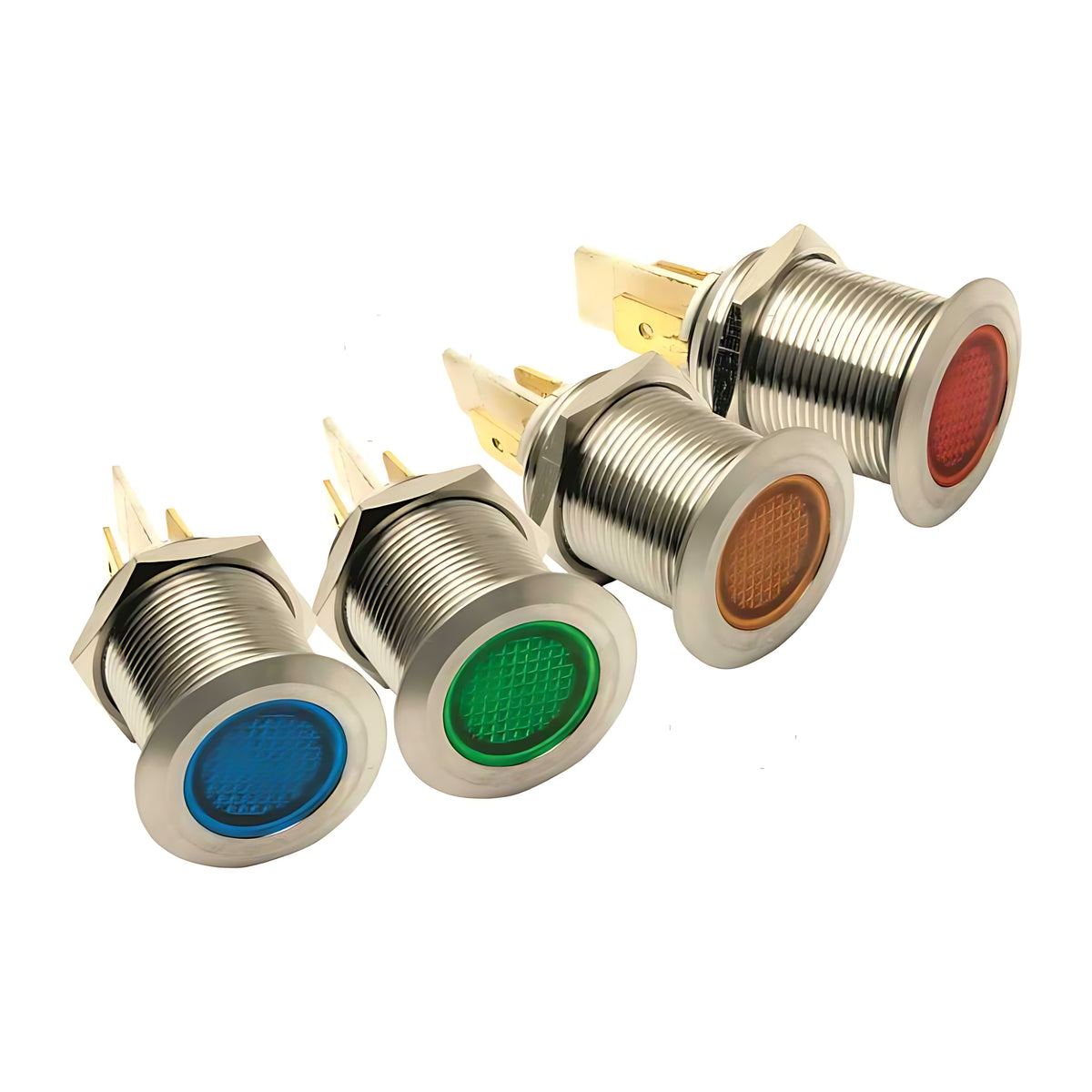 Spie stagne a LED da 19mm in acciaio inox per pannelli e quadri di comando nautici, alimentazione 12V. Disponibili nei colori giallo, rosso e verde.