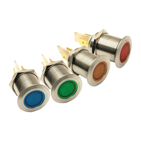 Spie stagne a LED da 19mm in acciaio inox per pannelli e quadri di comando nautici, alimentazione 24V. Disponibili nei colori giallo, rosso, verde e blu.