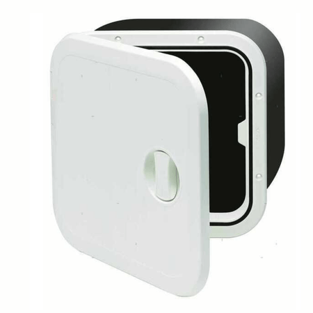 Sportello nautico stagno in ABS bianco con box contenitore profondo e coperchio a doppia apertura.