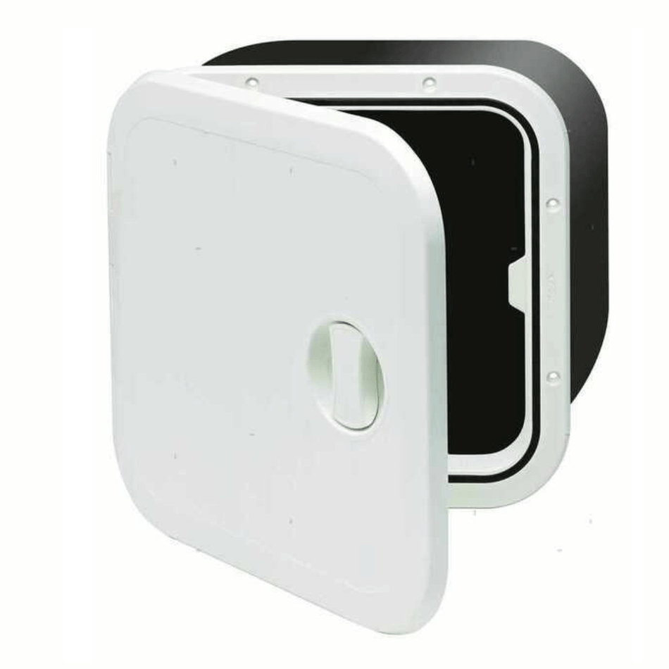 Sportello nautico stagno in ABS bianco con box contenitore profondo e coperchio a doppia apertura.