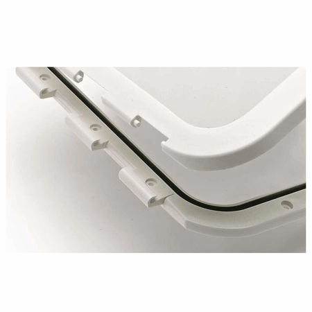 Sportello nautico stagno in ABS bianco con box contenitore profondo e coperchio a doppia apertura.