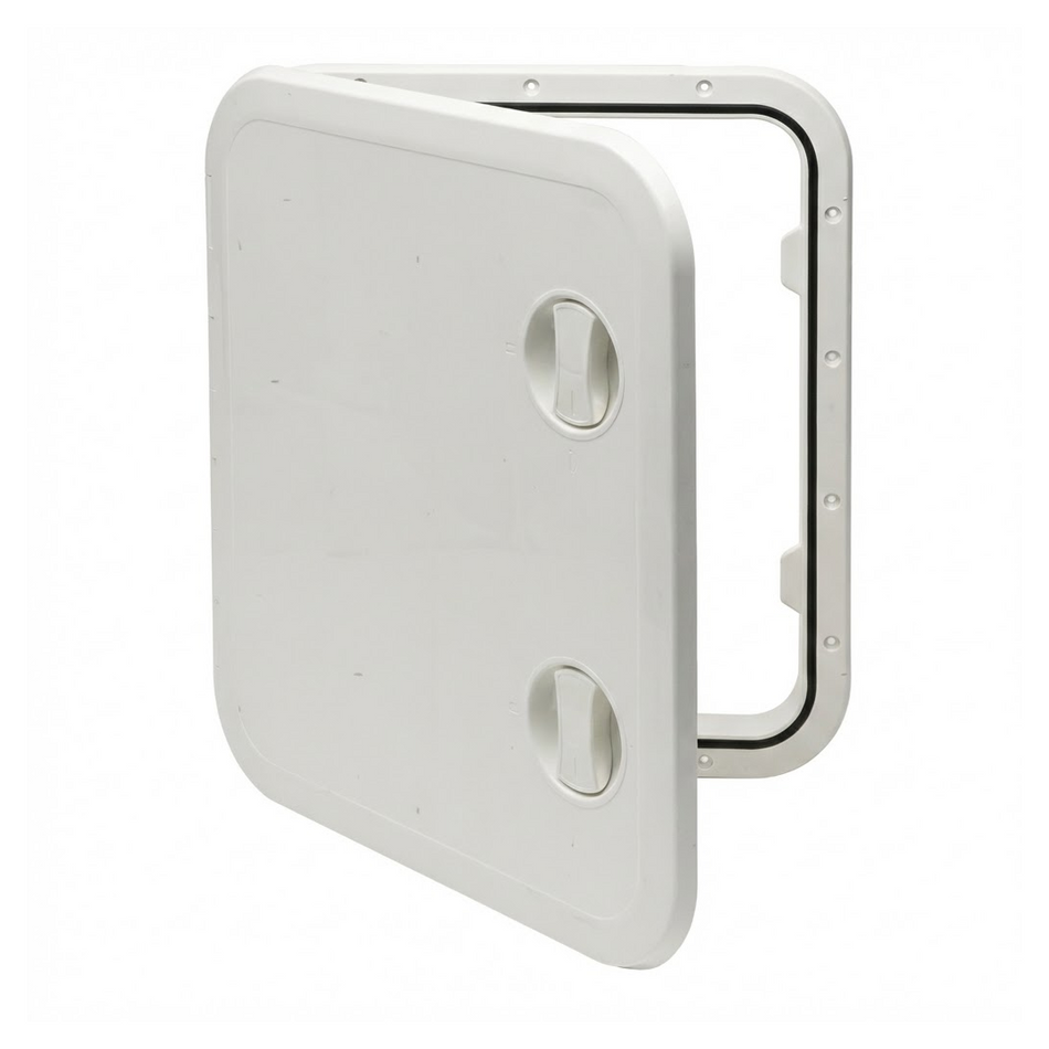 Sportello d'ispezione nautico rettangolare bianco in ABS, calpestabile e stagno con doppia apertura.