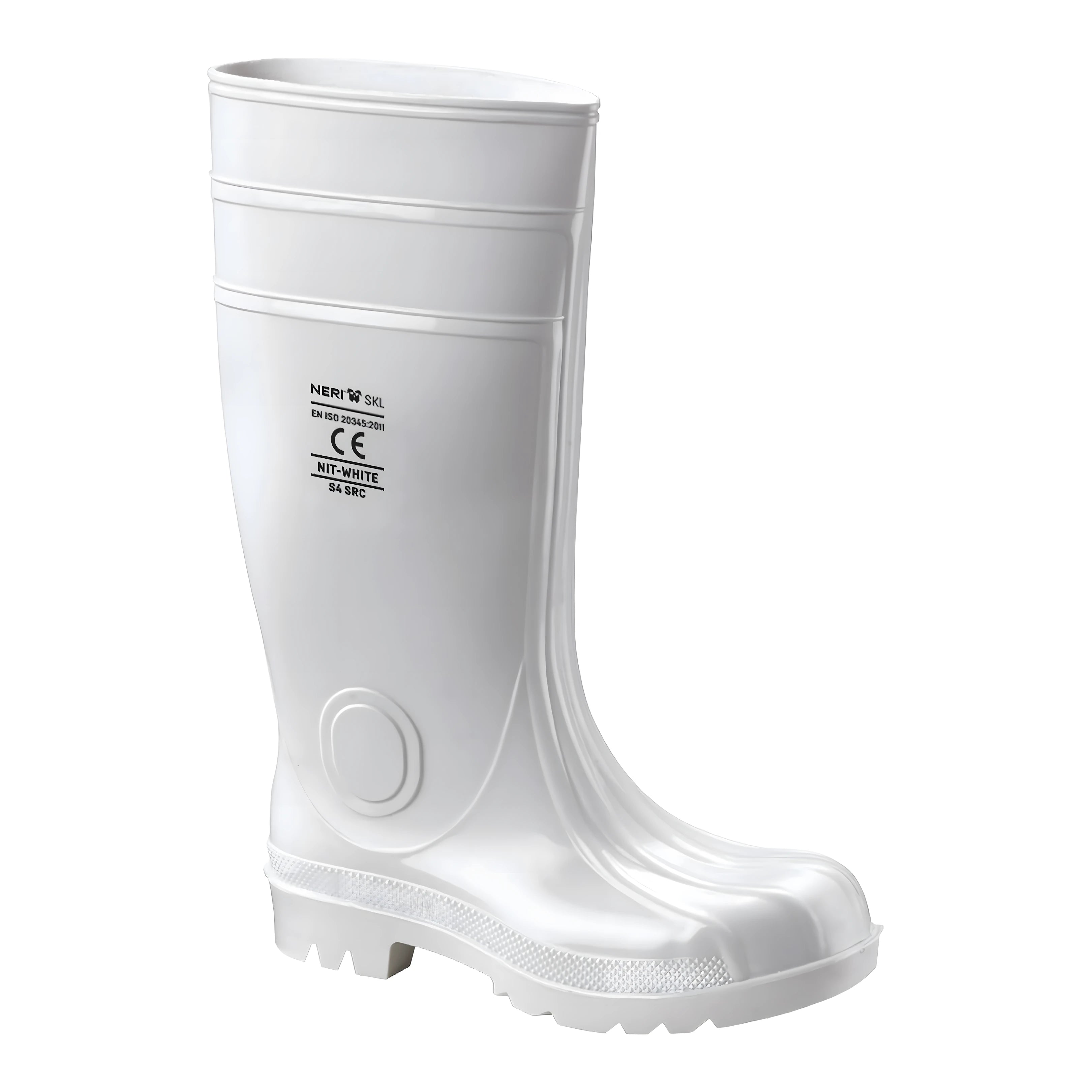 Stivali antinfortunistici bianchi S4 in nitrile con puntale acciaio per industria alimentare e pesca.