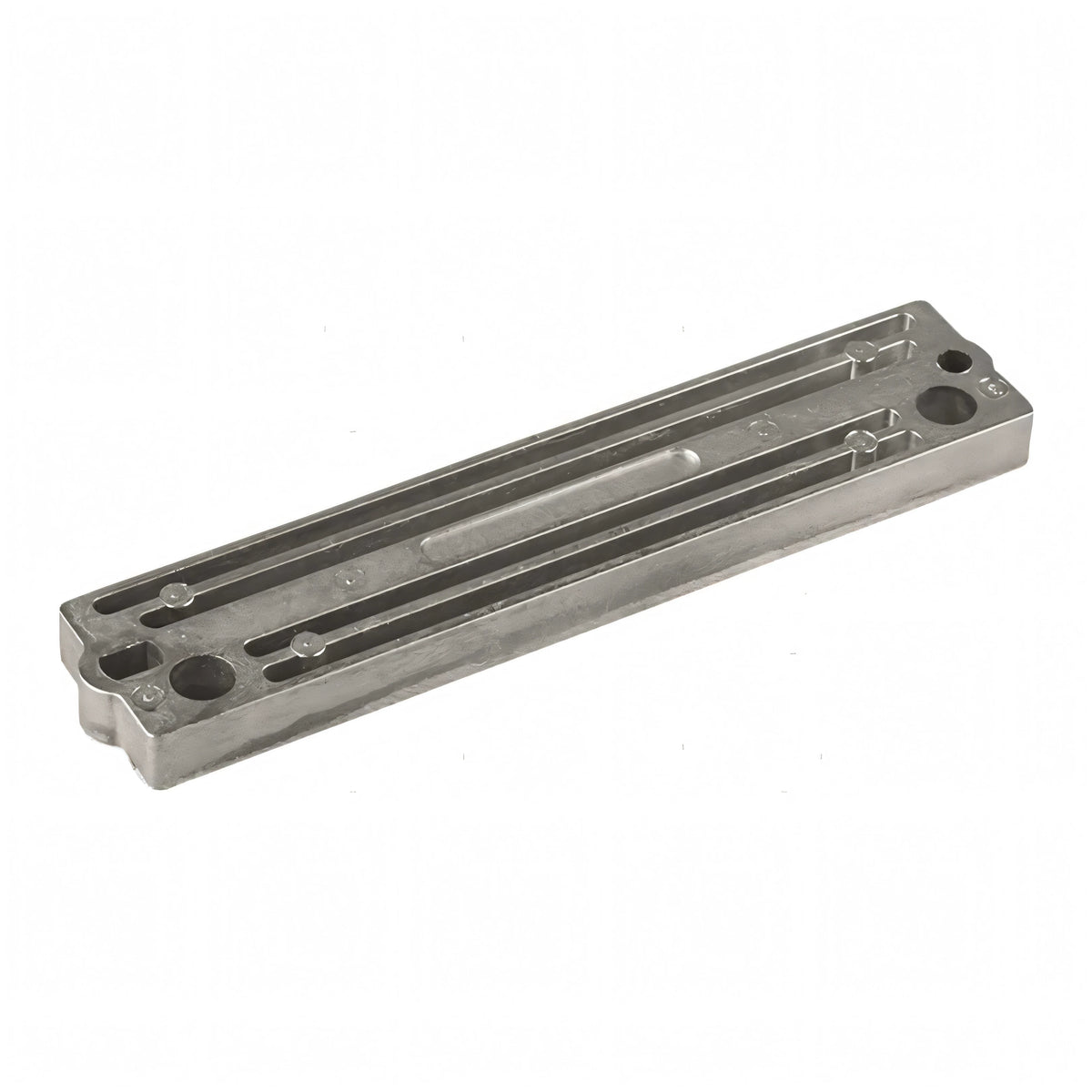 Anodo a barra in alluminio 196x40x14 mm per fuoribordo, vista del lato scanalato con i due fori di fissaggio