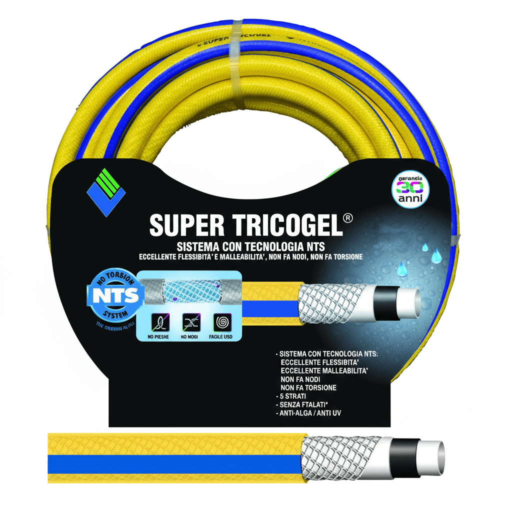 Tubo da giardino Super Tricogel NTS giallo e blu arrotolato, 5 strati, anti-UV, senza ftalati | Onautica