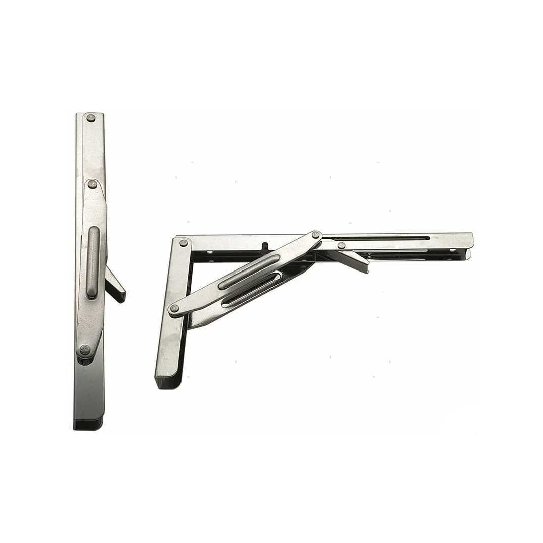 Staffa pieghevole modello Rako in acciaio inox per tavoli e mensole a ribalta.