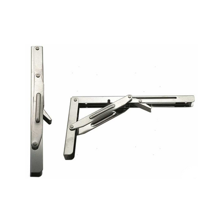 Staffa pieghevole modello Rako in acciaio inox per tavoli e mensole a ribalta.