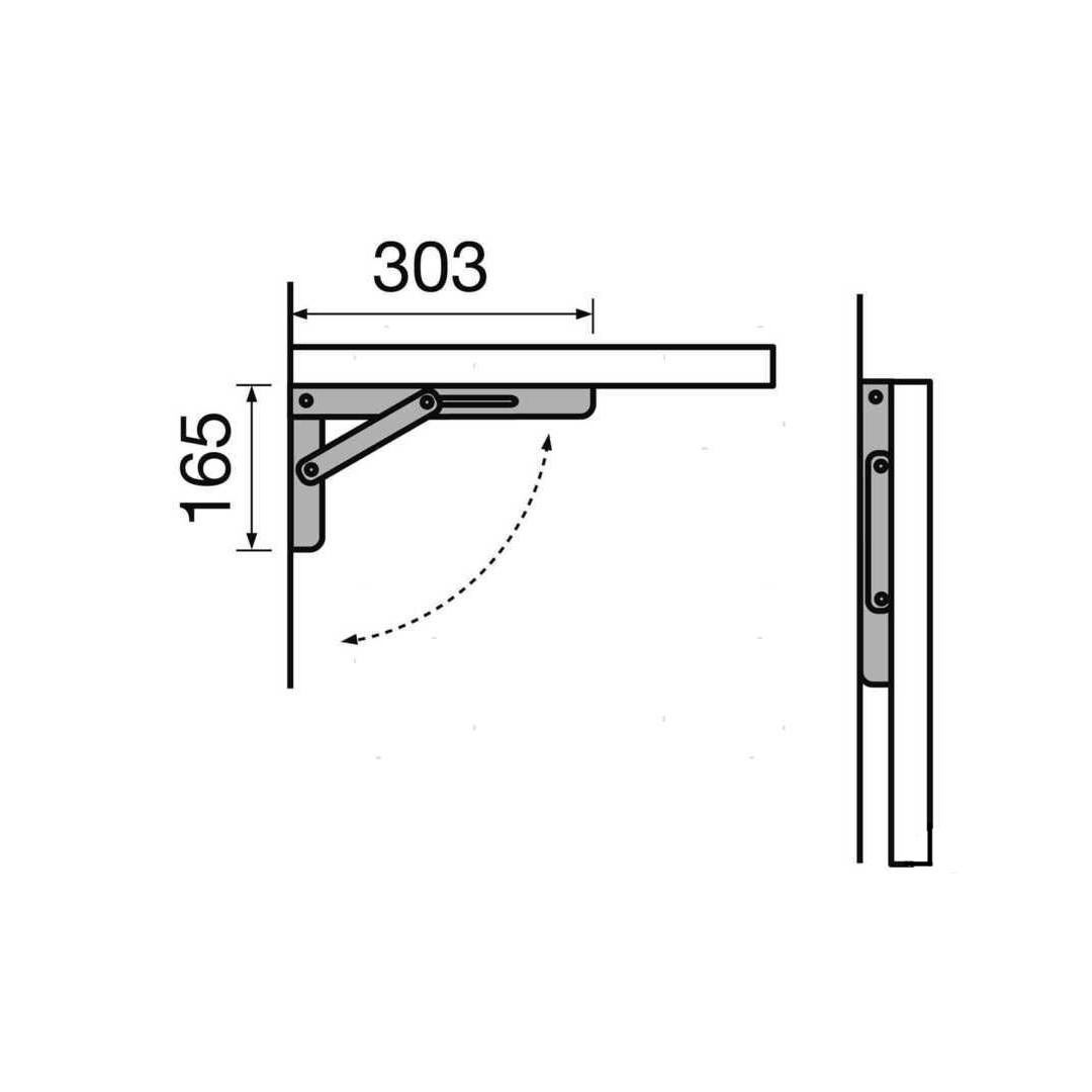 Staffa pieghevole modello Rako in acciaio inox per tavoli e mensole a ribalta.