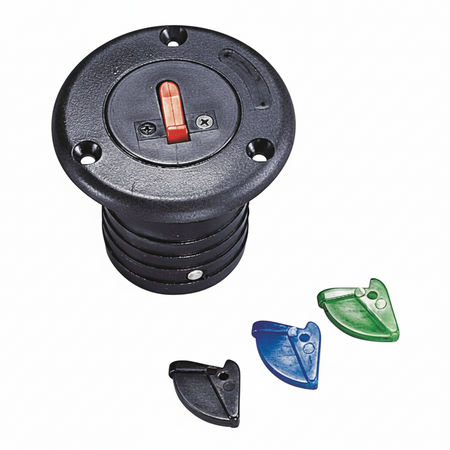 Tappo di imbarco nautico in nylon rinforzato con kit di leve colorate e etichette per acqua, carburante e acque nere. tappo chiuso