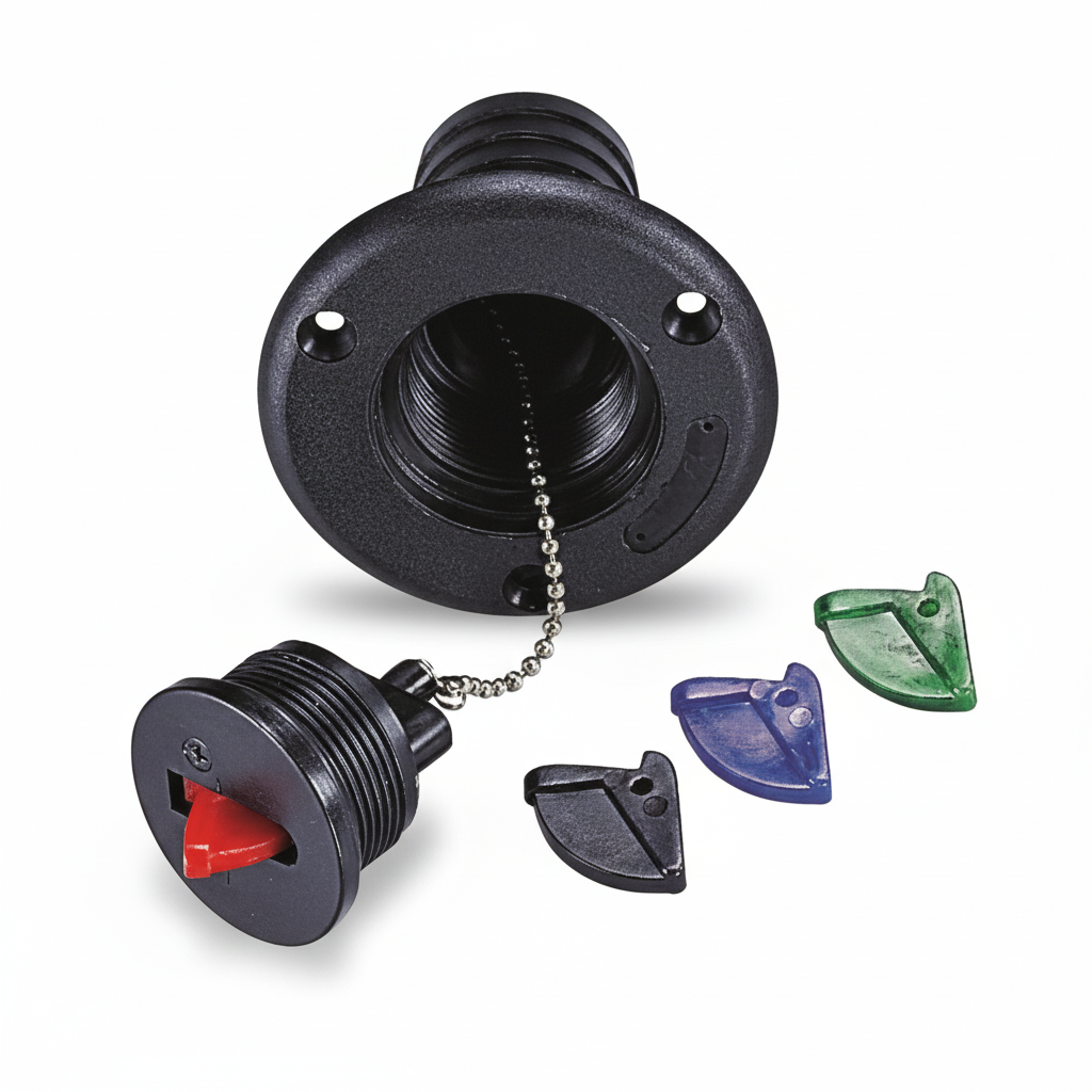 Tappo di imbarco nautico in nylon rinforzato con kit di leve colorate e etichette per acqua, carburante e acque nere.