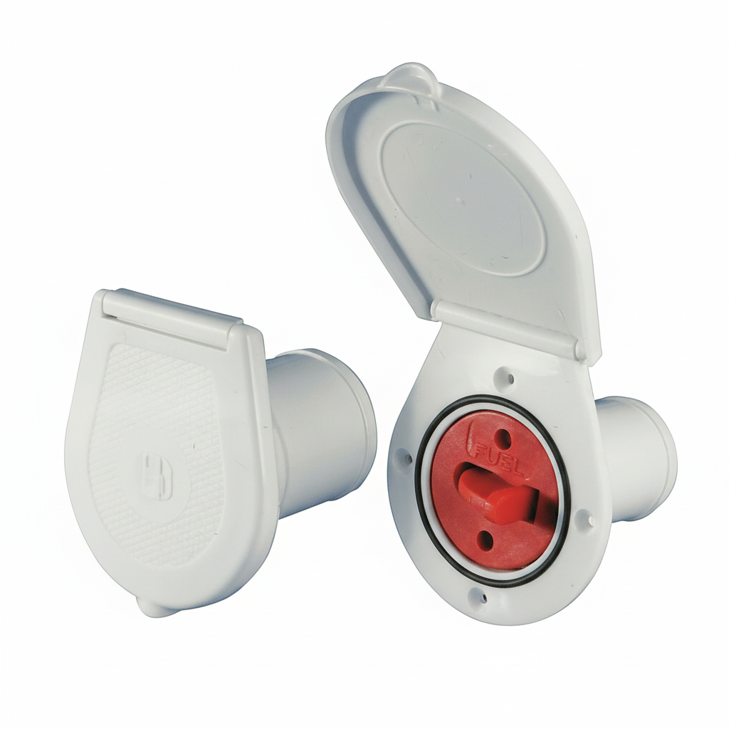 Tappo di imbarco per barca in plastica con coperchio a tenuta stagna, disponibile per Acqua e Carburante.