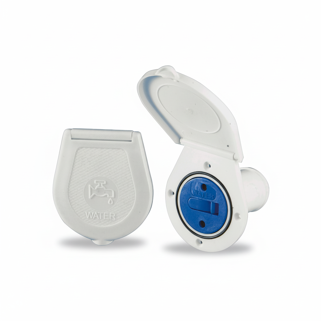 Tappo di imbarco per barca in plastica con coperchio a tenuta stagna, disponibile per Acqua e Carburante.