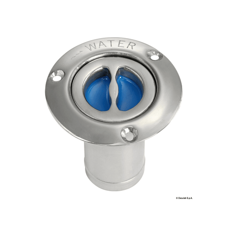Tappo di imbarco a filo in acciaio inox lucidato a specchio con maniglietta a scomparsa e catenella di sicurezza. acqua diritto