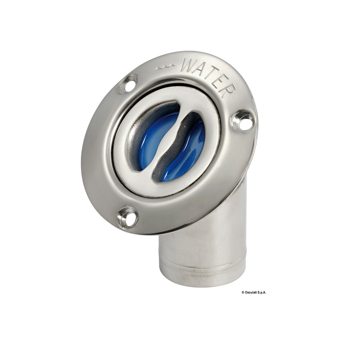 Tappo di imbarco a filo in acciaio inox lucidato a specchio con maniglietta a scomparsa e catenella di sicurezza. acqua gomito