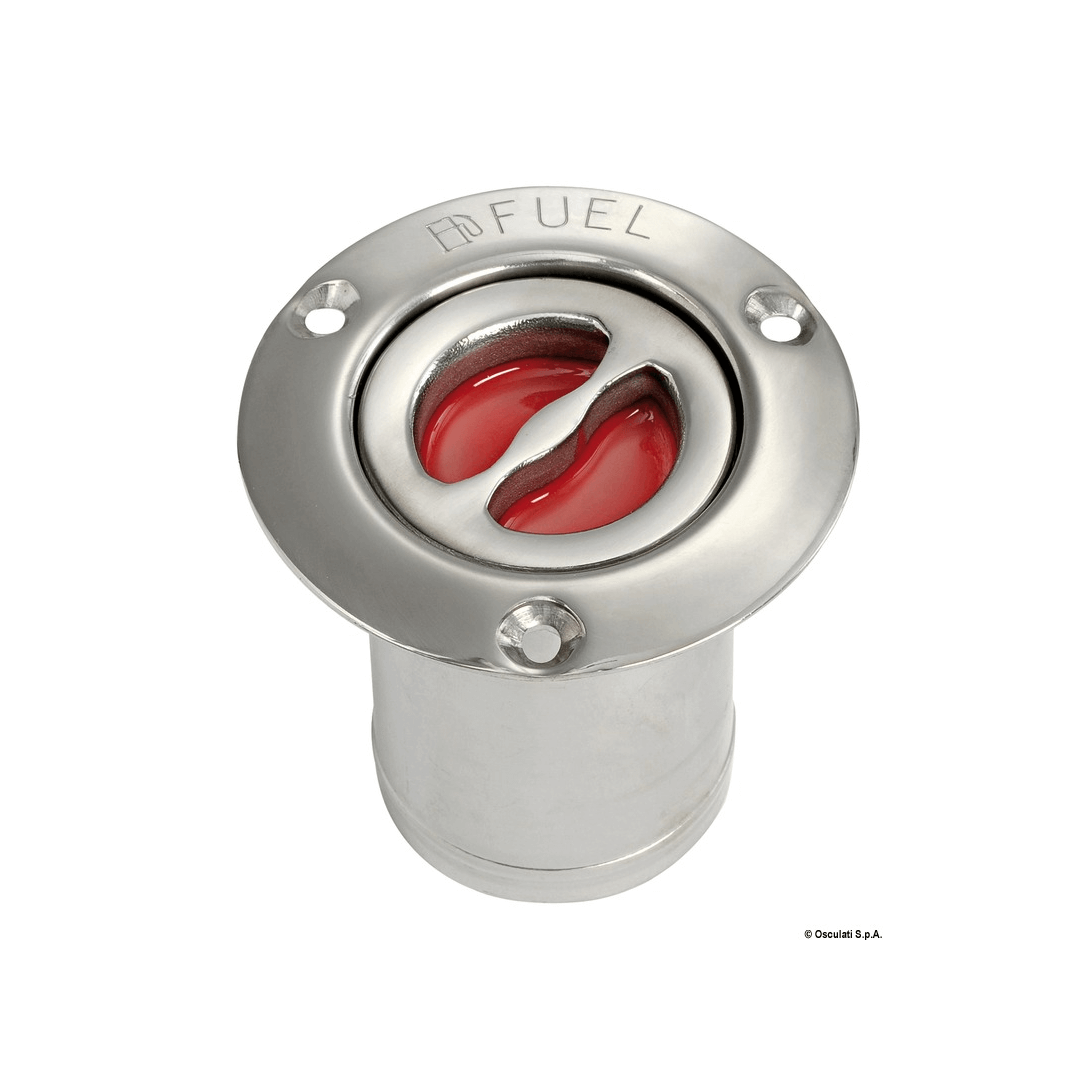 Tappo di imbarco a filo in acciaio inox lucidato a specchio con maniglietta a scomparsa e catenella di sicurezza. carburante diritton carburante diritto