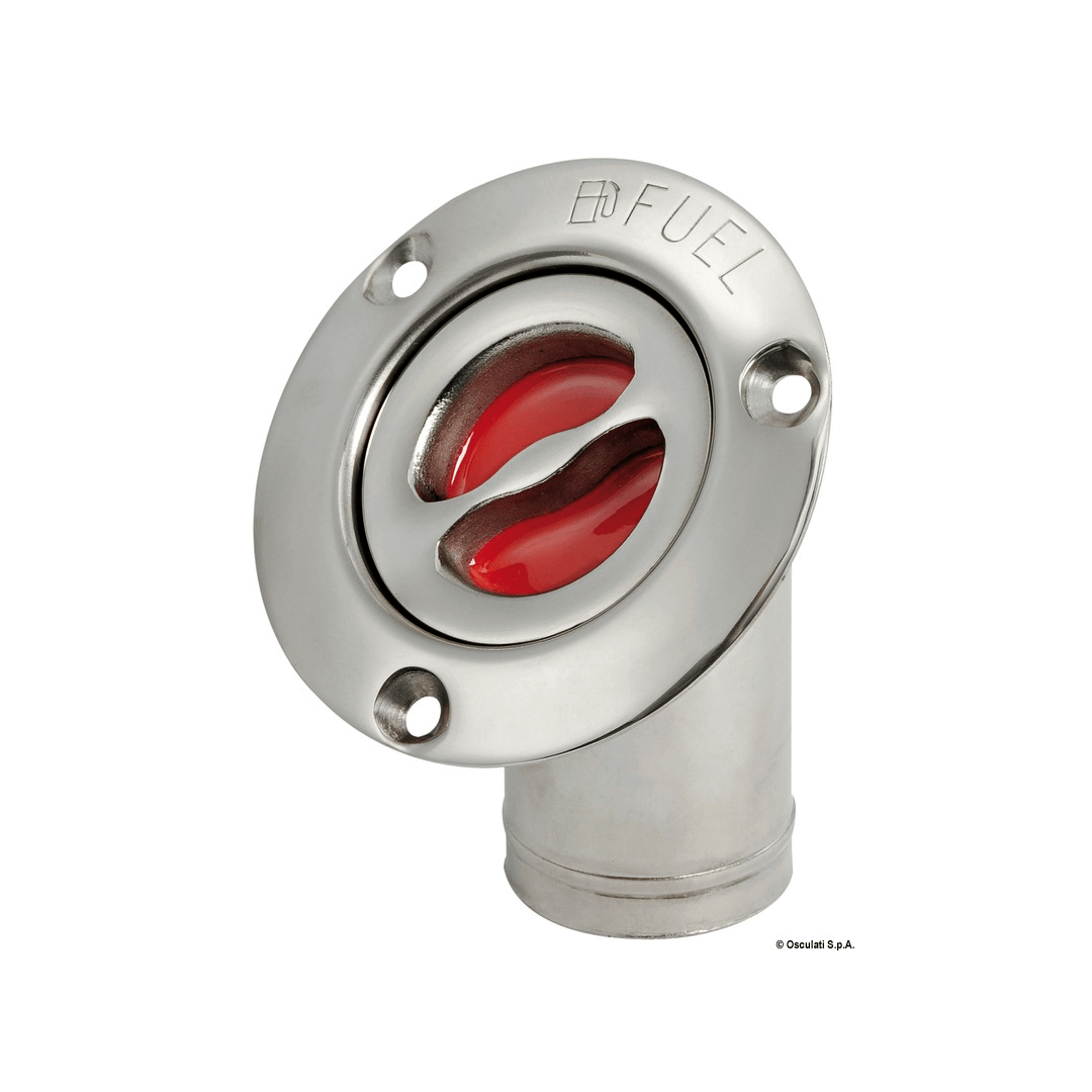 Tappo di imbarco a filo in acciaio inox lucidato a specchio con maniglietta a scomparsa e catenella di sicurezza. gomito carburante