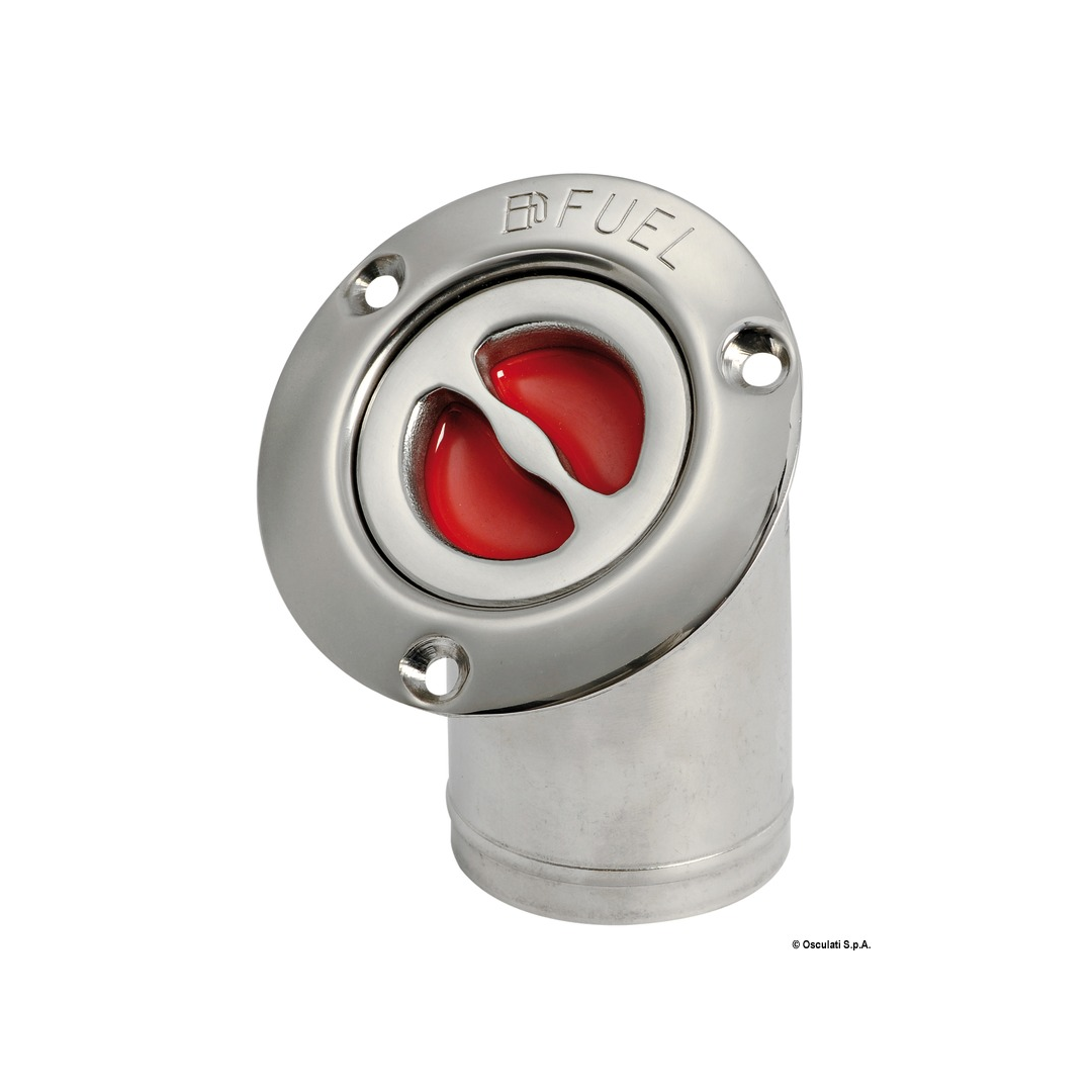Tappo di imbarco a filo in acciaio inox lucidato a specchio con maniglietta a scomparsa e catenella di sicurezza. gomito carburante 50 mm.
