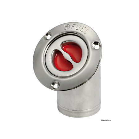 Tappo di imbarco a filo in acciaio inox lucidato a specchio con maniglietta a scomparsa e catenella di sicurezza. gomito carburante 50 mm.